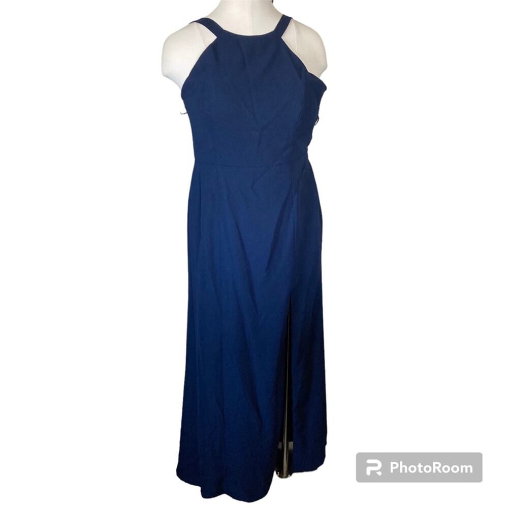 Dessy Collection NWT High Neck Backless Crepe Trumpet Midnight Gown Size 16 - Picture 3 of 8